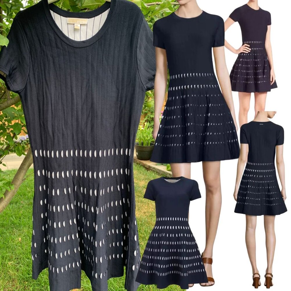 MICHAEL KORS Pointelle Navy + White Fit & Flare Stretch Knit Dress - Sz L
